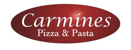A red sign that says carmine 's pizza and pasta.